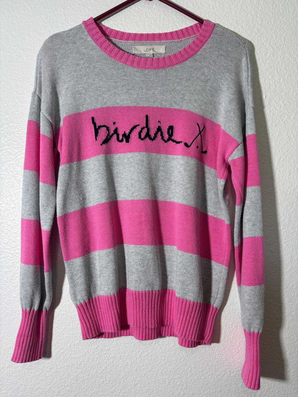 LOFT Women's Size S Birdie Golf Pink Gray Striped Pullover Sweater Embroidered